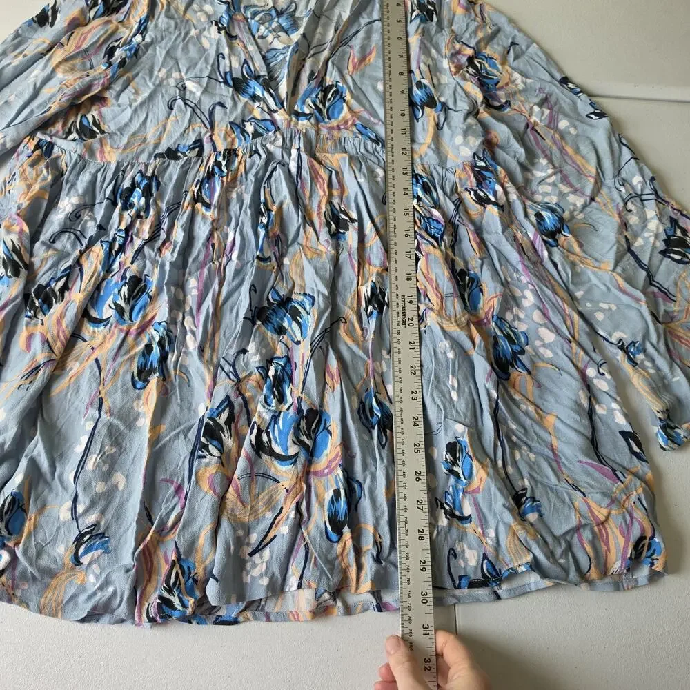 Free People Dress Womens M Blue Floral Boho Mini Swing Trapeze V Neck Fairy